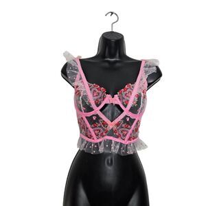 For Love & Lemons Women's Pink and White Bustier Corset Bra Size 32DD Lace Embro